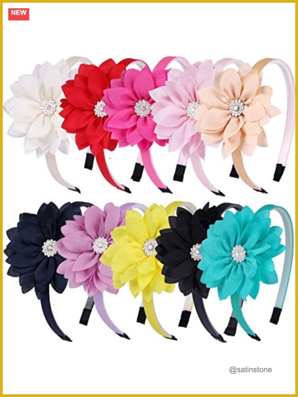 10 Pc Chiffon Floral Bow Headbands for Girls with Rhinestone